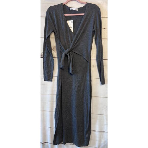ZARA Gray Sweater Wrap Dress NWT Size SM Chic Classic - Picture 1 of 4